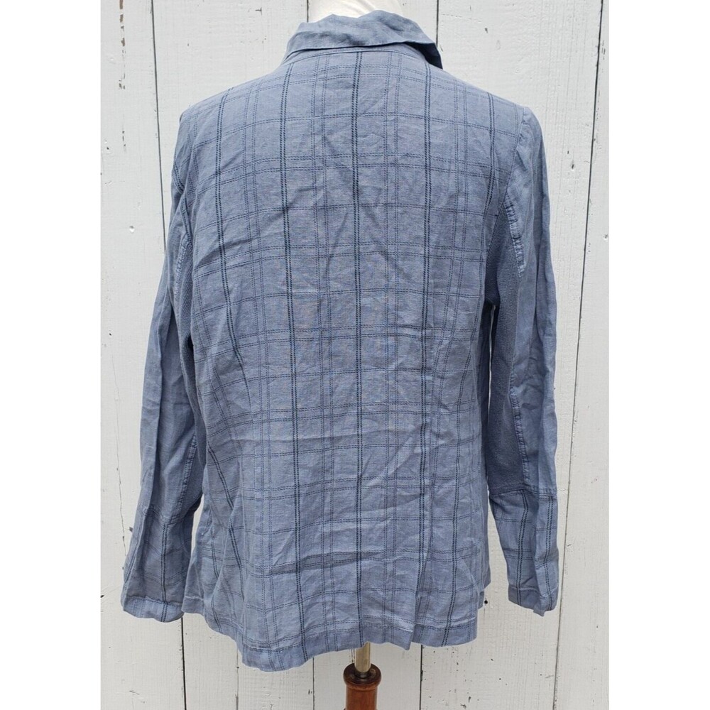 XCVI Women Blue Plaid Back Collared Long Sleeve LINEN Two Button Top Shirt Sz M - Picture 3 of 6